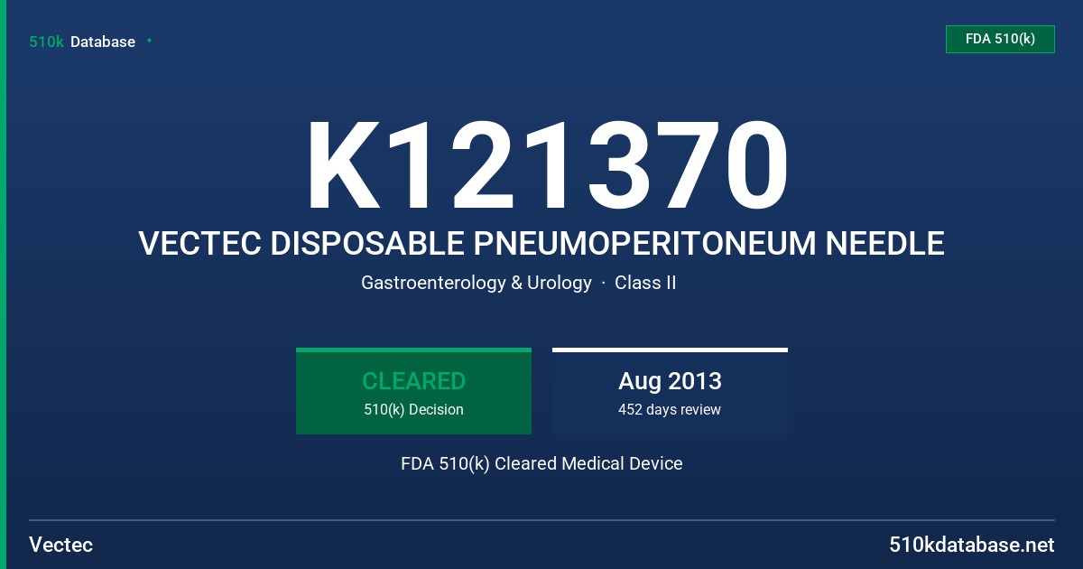 K121370 VECTEC DISPOSABLE PNEUMOPERITONEUM NEEDLE FDA 510(k) Cleared Medical Device