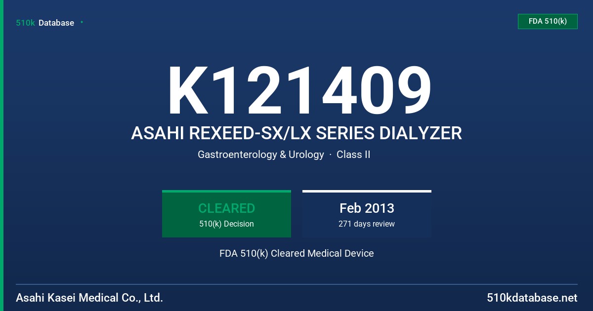 K121409 ASAHI REXEED-SX/LX SERIES DIALYZER FDA 510(k) Cleared Medical Device