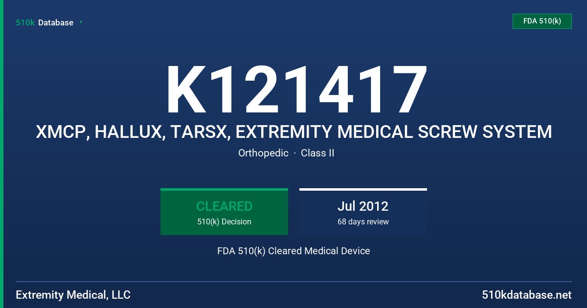K121417 XMCP, HALLUX, TARSX, EXTREMITY MEDICAL SCREW SYSTEM FDA 510(k) Cleared Medical Device