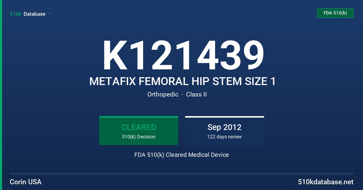 K121439 METAFIX FEMORAL HIP STEM SIZE 1 FDA 510(k) Cleared Medical Device