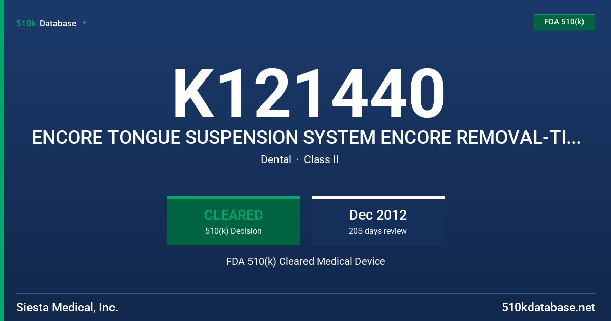 K121440 ENCORE TONGUE SUSPENSION SYSTEM ENCORE REMOVAL-TITRATION KIT FDA 510(k) Cleared Medical Device