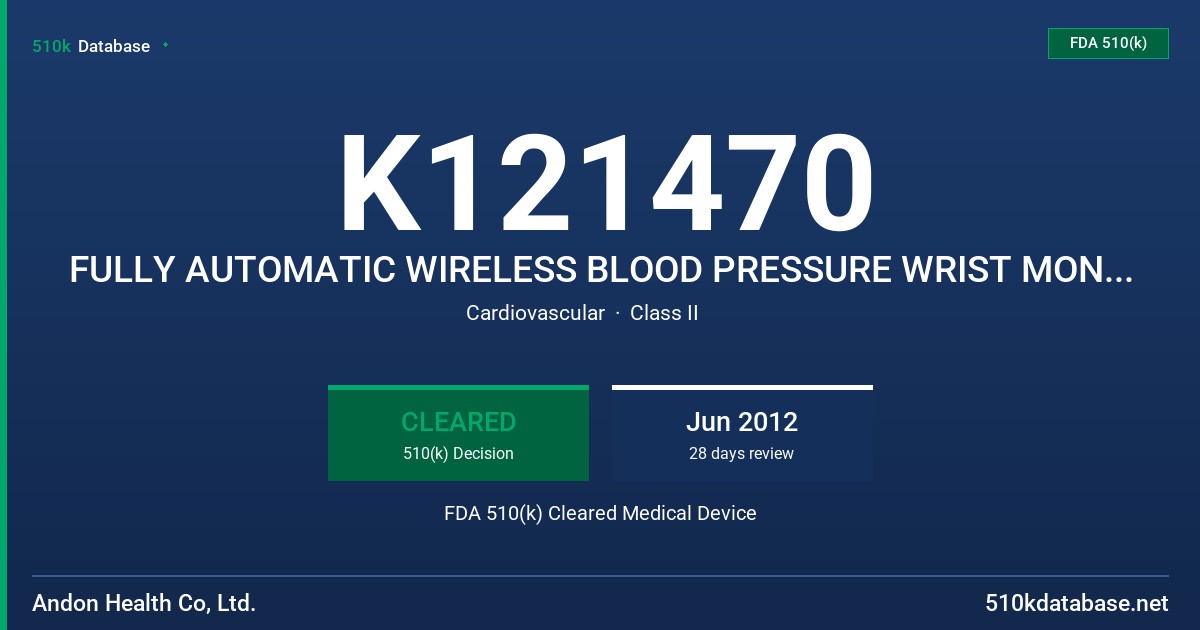 K121470 FULLY AUTOMATIC WIRELESS BLOOD PRESSURE WRIST MONITOR FDA 510(k) Cleared Medical Device
