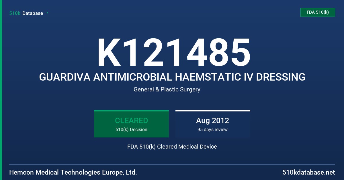 K121485 GUARDIVA ANTIMICROBIAL HAEMSTATIC IV DRESSING FDA 510(k) Cleared Medical Device