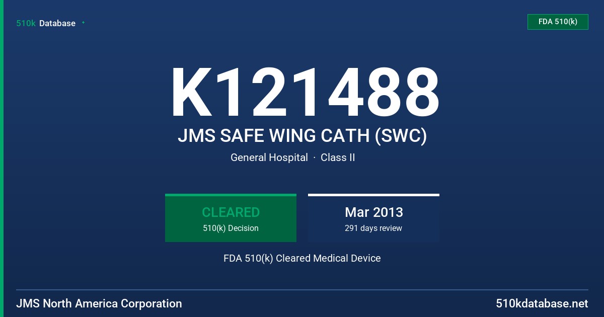K121488 JMS SAFE WING CATH (SWC) FDA 510(k) Cleared Medical Device