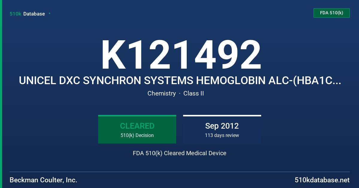 K121492 UNICEL DXC SYNCHRON SYSTEMS HEMOGLOBIN ALC-(HBA1C-) REAGENT FDA 510(k) Cleared Medical Device