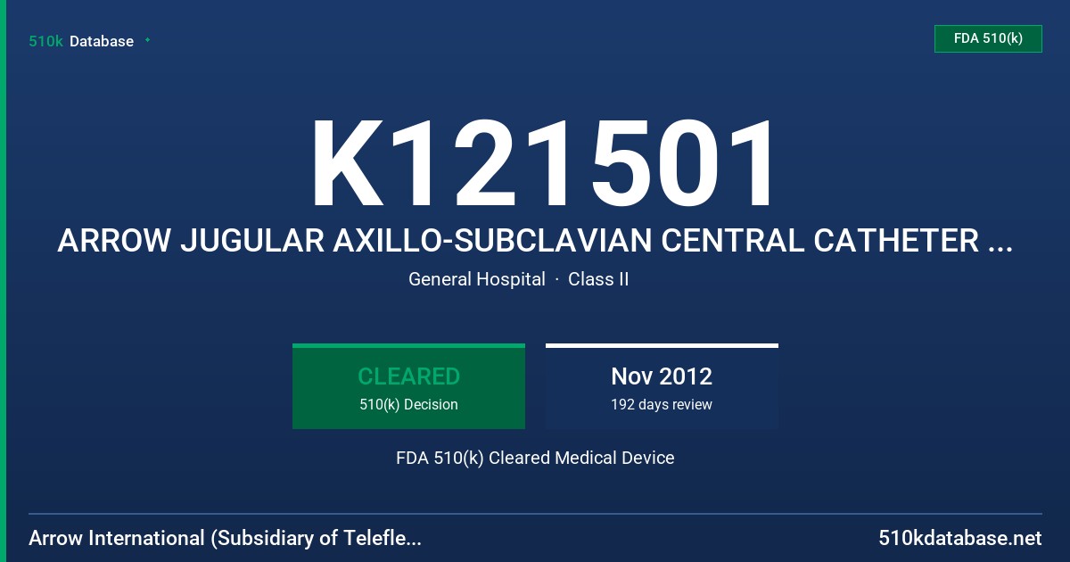 K121501 ARROW JUGULAR AXILLO-SUBCLAVIAN CENTRAL CATHETER (JACC) FDA 510(k) Cleared Medical Device