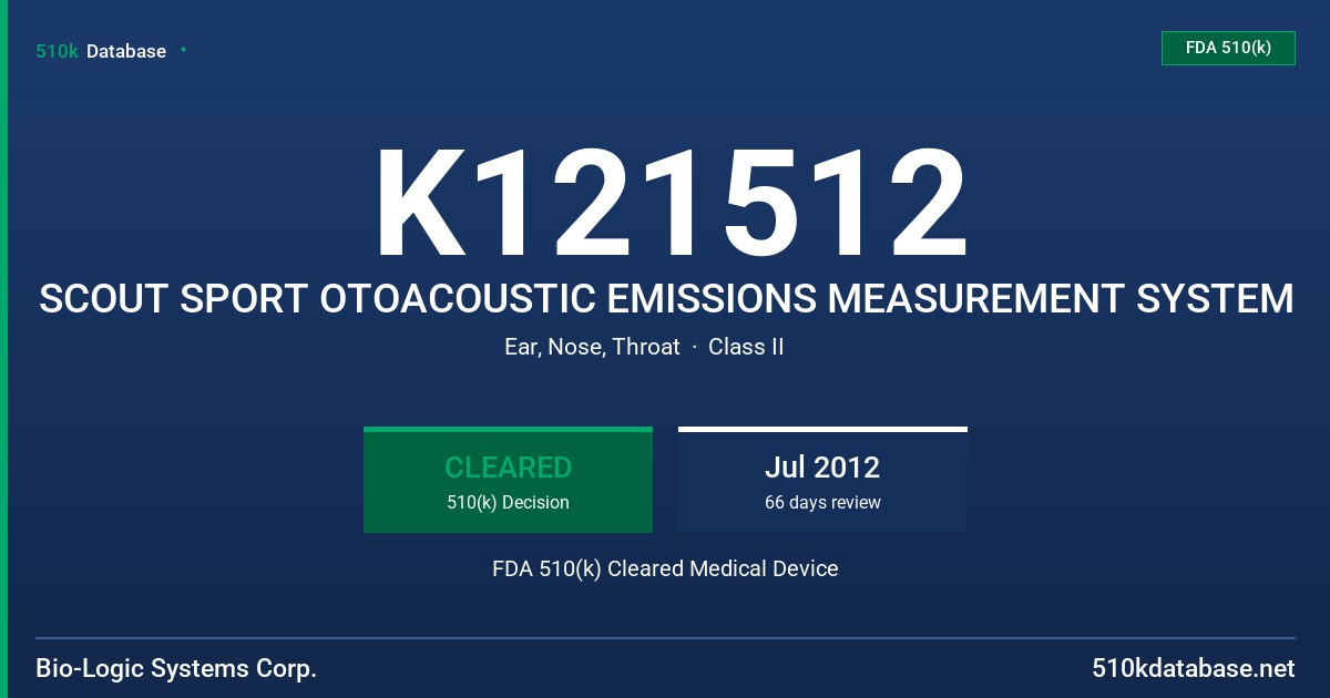 K121512 SCOUT SPORT OTOACOUSTIC EMISSIONS MEASUREMENT SYSTEM FDA 510(k) Cleared Medical Device