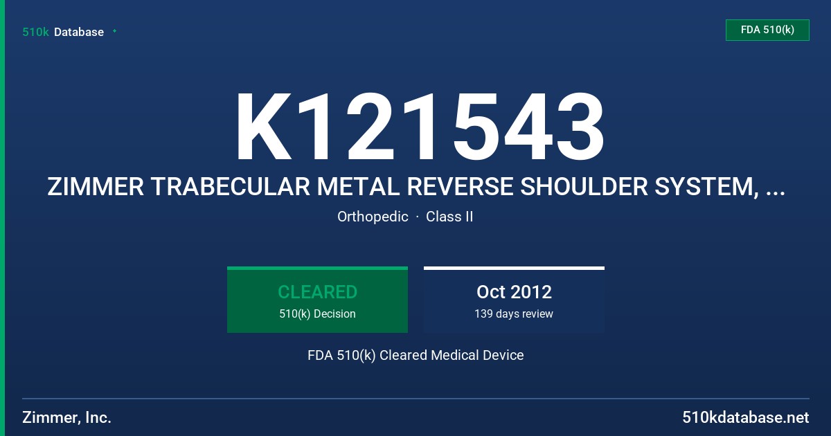 K121543 ZIMMER TRABECULAR METAL REVERSE SHOULDER SYSTEM, BASE PLATES & HUMERAL STEMS FDA 510(k) Cleared Medical Device