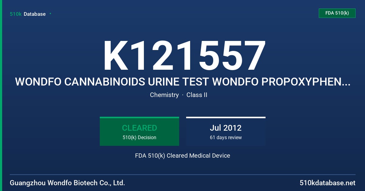 K121557 WONDFO CANNABINOIDS URINE TEST WONDFO PROPOXYPHENE URINE TEST FDA 510(k) Cleared Medical Device