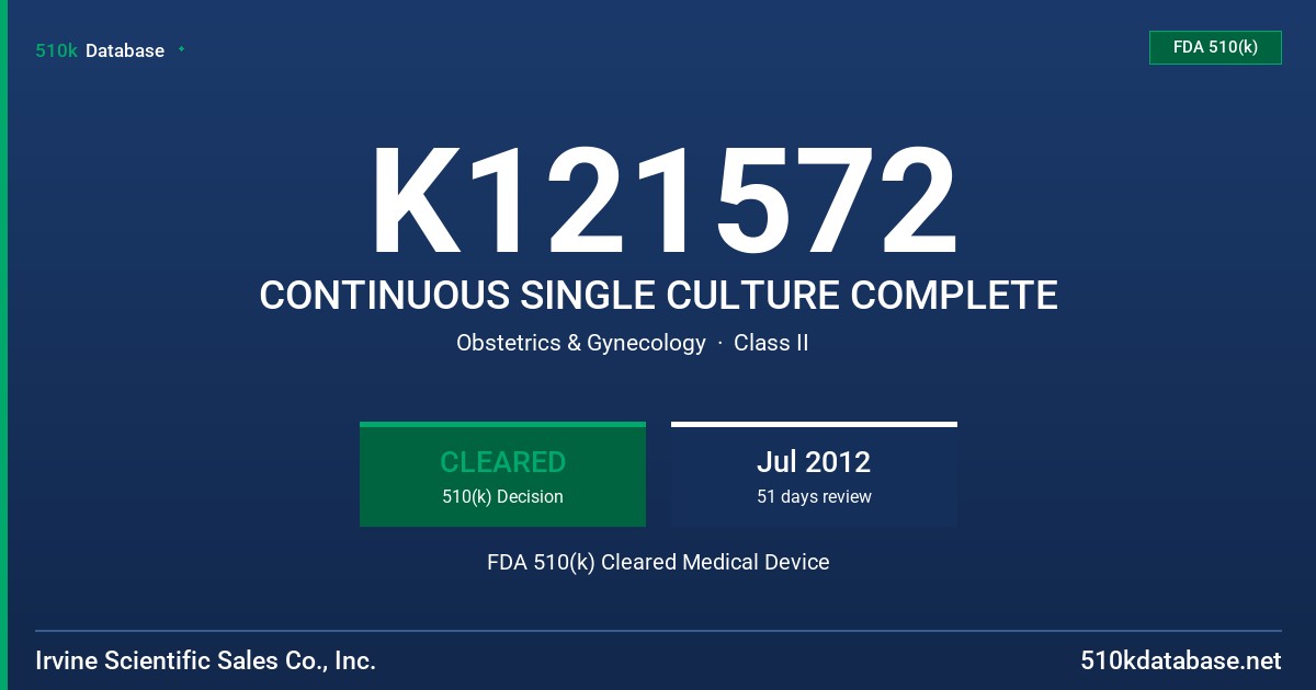 K121572 CONTINUOUS SINGLE CULTURE COMPLETE FDA 510(k) Cleared Medical Device