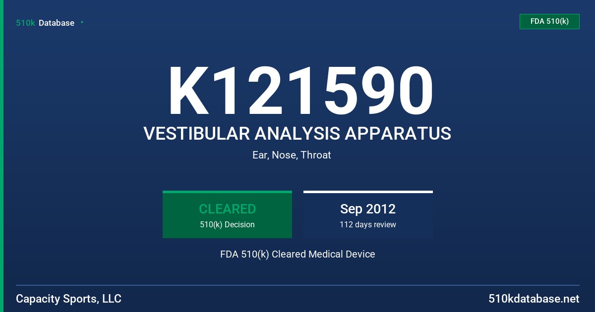 K121590 VESTIBULAR ANALYSIS APPARATUS FDA 510(k) Cleared Medical Device