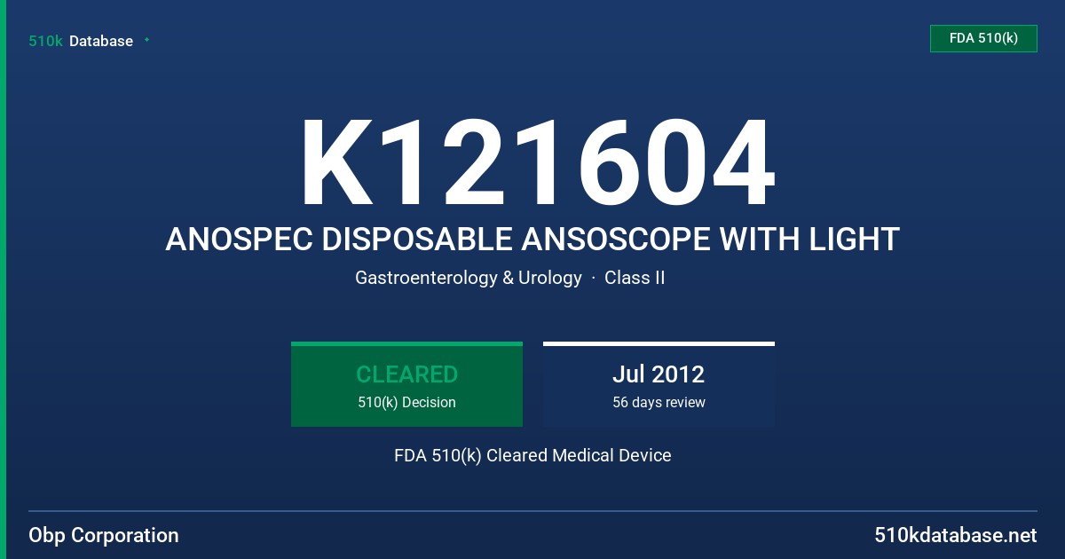 K121604 ANOSPEC DISPOSABLE ANSOSCOPE WITH LIGHT FDA 510(k) Cleared Medical Device