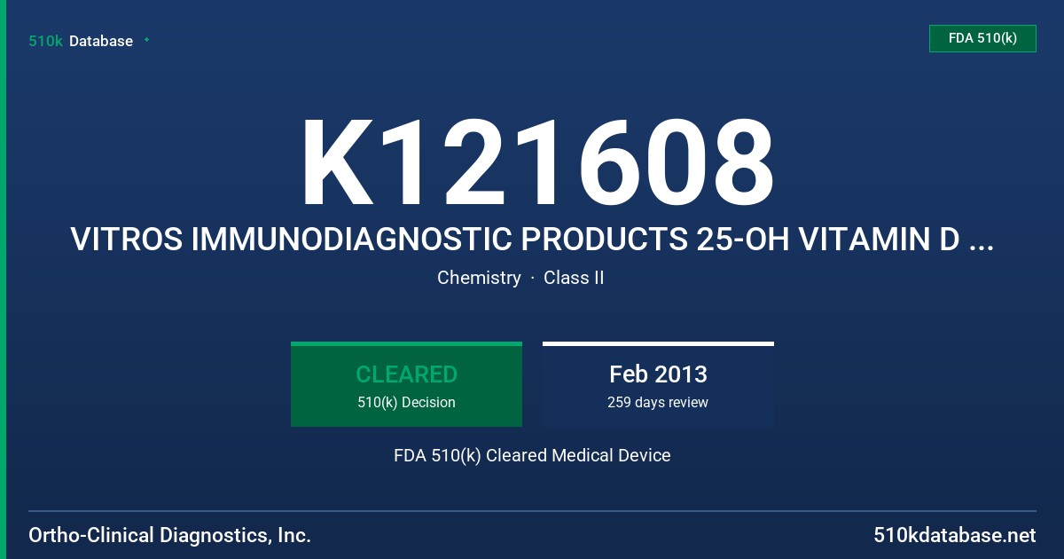 K121608 VITROS IMMUNODIAGNOSTIC PRODUCTS 25-OH VITAMIN D TOTAL REAGENT PACK, VITAMIN D TOTAL CALIBRATORS FDA 510(k) Cleared Medical Device