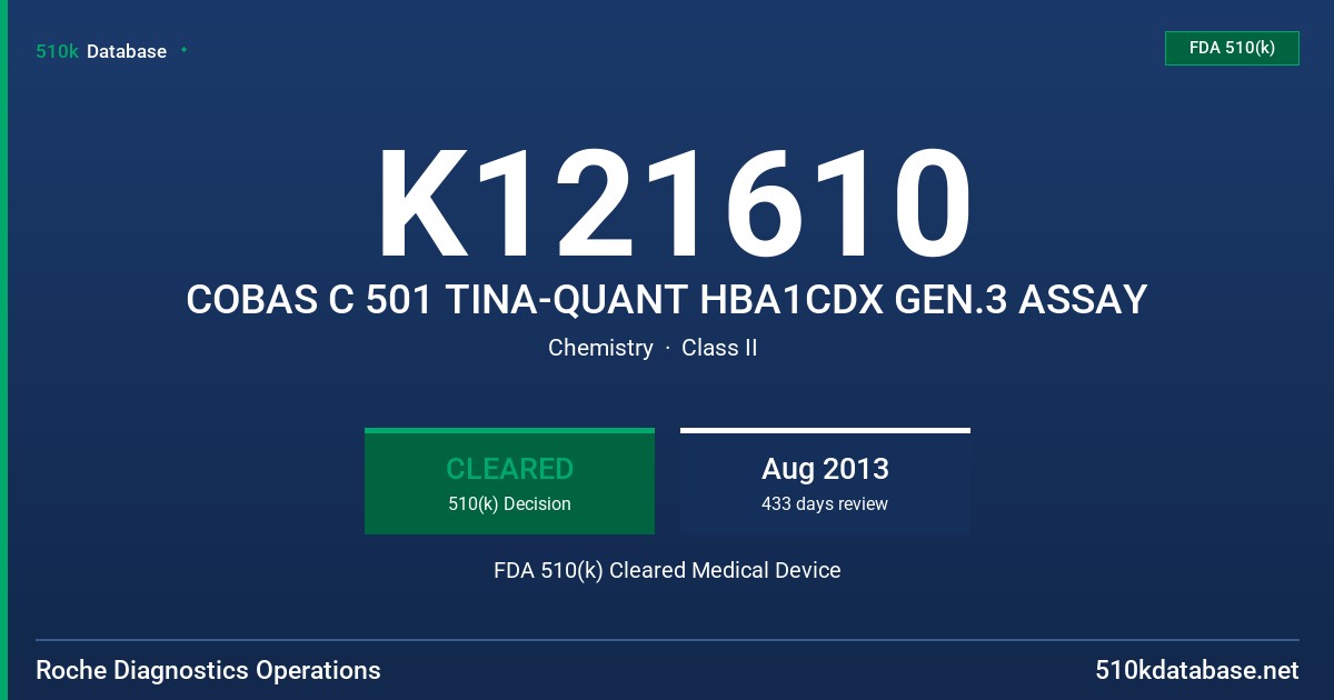 K121610 COBAS C 501 TINA-QUANT HBA1CDX GEN.3 ASSAY FDA 510(k) Cleared Medical Device