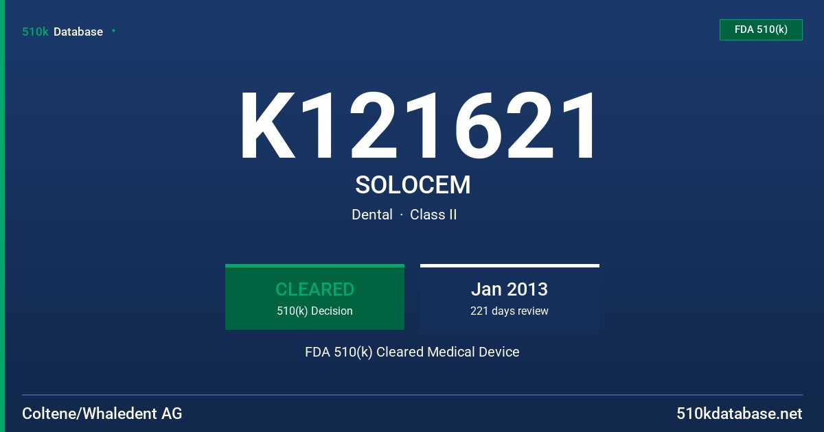 K121621 SOLOCEM FDA 510(k) Cleared Medical Device