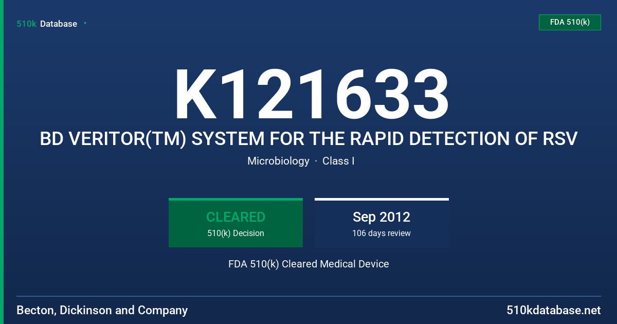 K121633 BD VERITOR(TM) SYSTEM FOR THE RAPID DETECTION OF RSV FDA 510(k) Cleared Medical Device