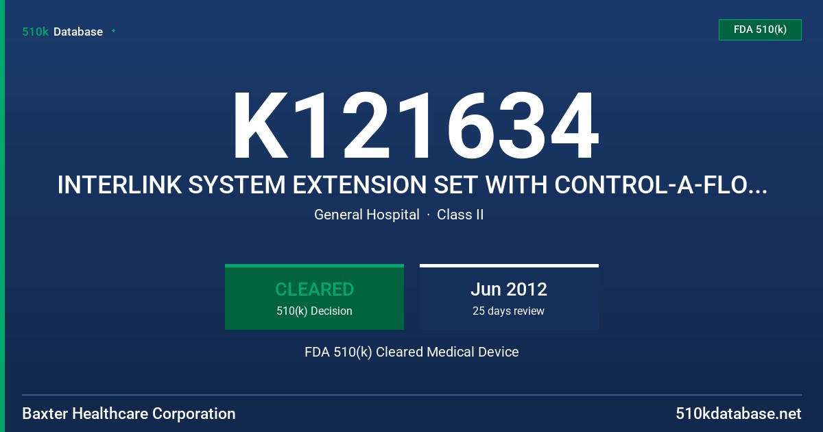 K121634 INTERLINK SYSTEM EXTENSION SET WITH CONTROL-A-FLO-REGULATORY CLEARLINK SYSTEM EXTENSION SET WITH CONTROL-A-FLO-REGULATOR FDA 510(k) Cleared Medical Device