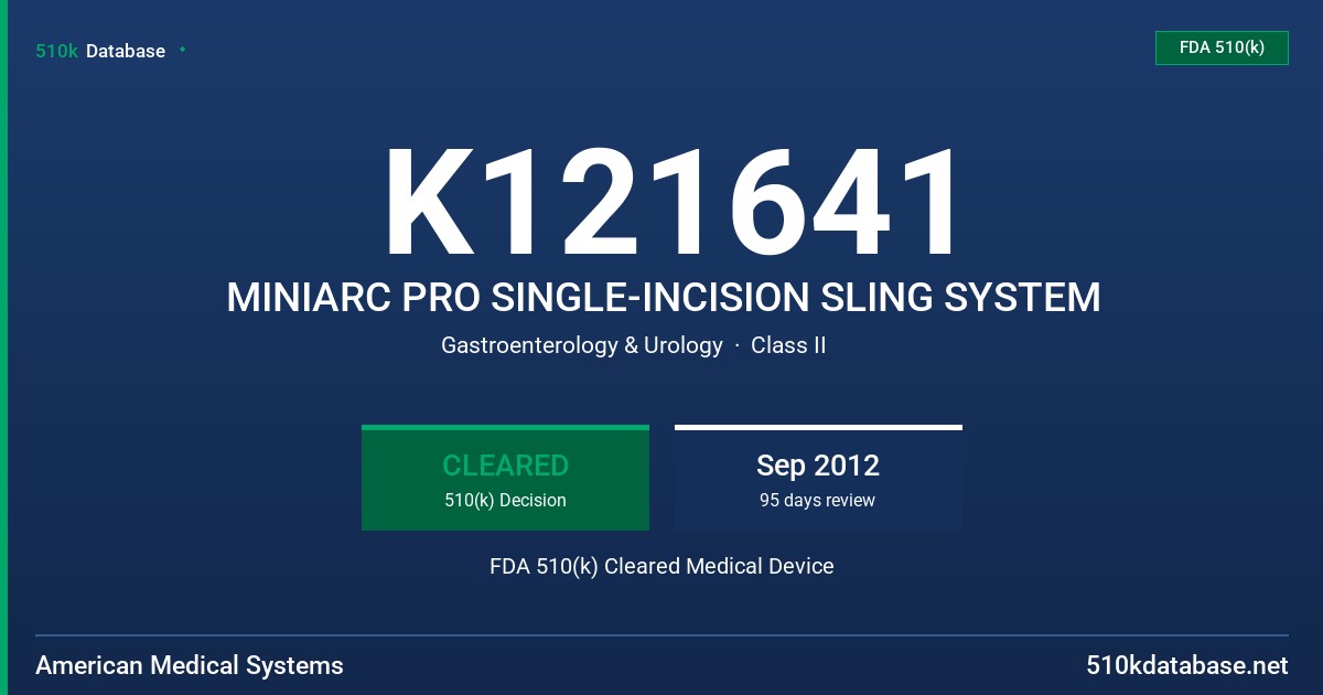 K121641 MINIARC PRO SINGLE-INCISION SLING SYSTEM FDA 510(k) Cleared Medical Device