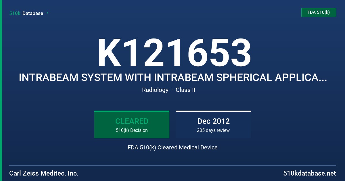 K121653 INTRABEAM SYSTEM WITH INTRABEAM SPHERICAL APPLICATORS FDA 510(k) Cleared Medical Device