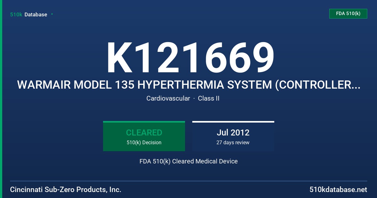 K121669 WARMAIR MODEL 135 HYPERTHERMIA SYSTEM (CONTROLLER AND BLANKETS) FDA 510(k) Cleared Medical Device