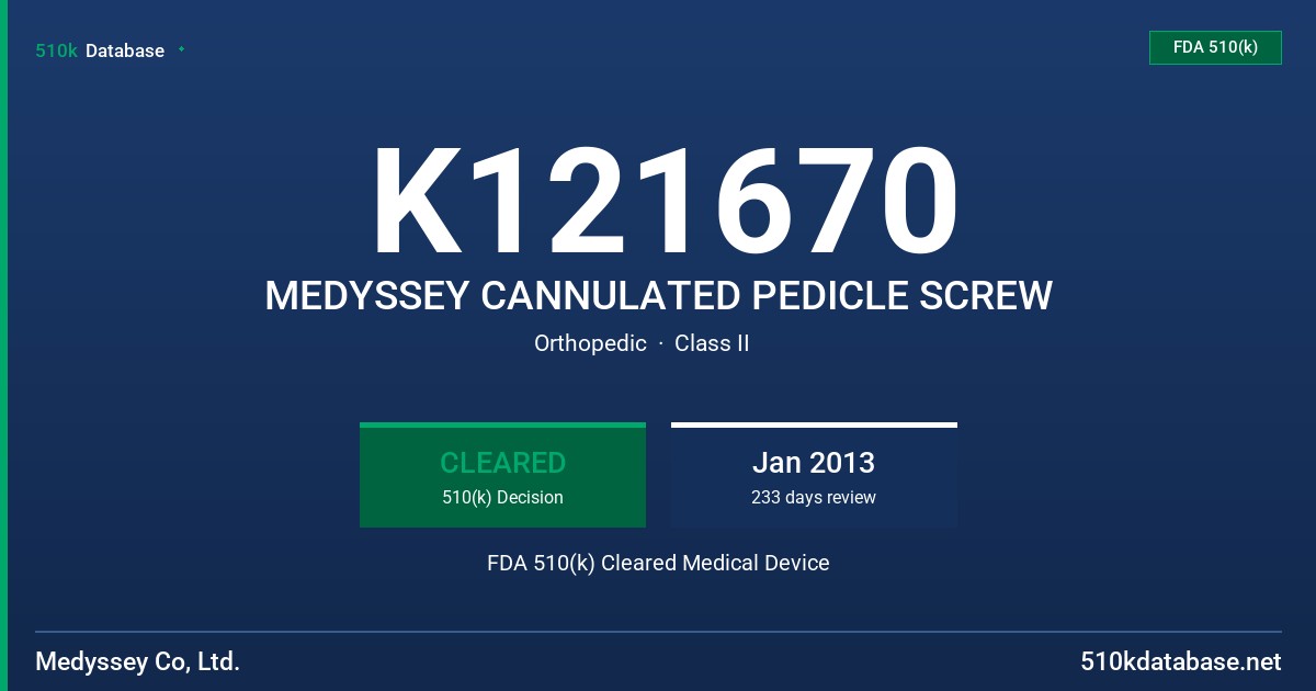 K121670 MEDYSSEY CANNULATED PEDICLE SCREW FDA 510(k) Cleared Medical Device