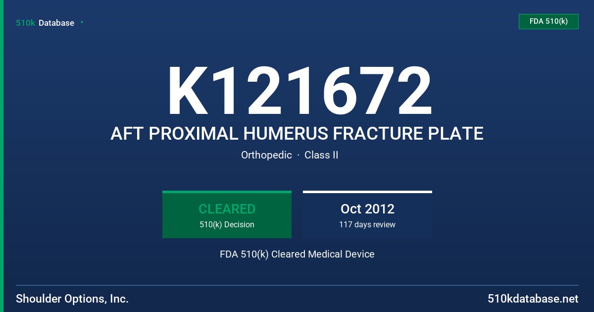 K121672 AFT PROXIMAL HUMERUS FRACTURE PLATE FDA 510(k) Cleared Medical Device