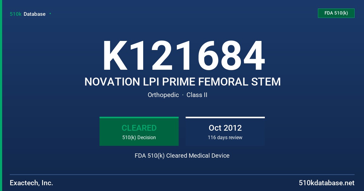 K121684 NOVATION LPI PRIME FEMORAL STEM FDA 510(k) Cleared Medical Device