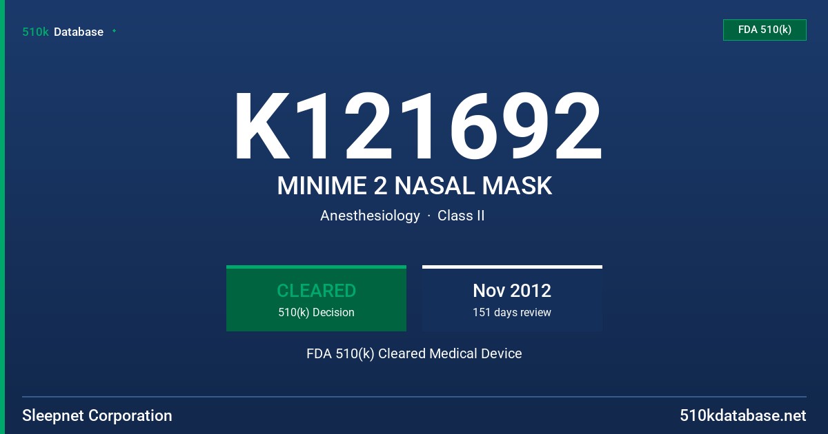 K121692 MINIME 2 NASAL MASK FDA 510(k) Cleared Medical Device
