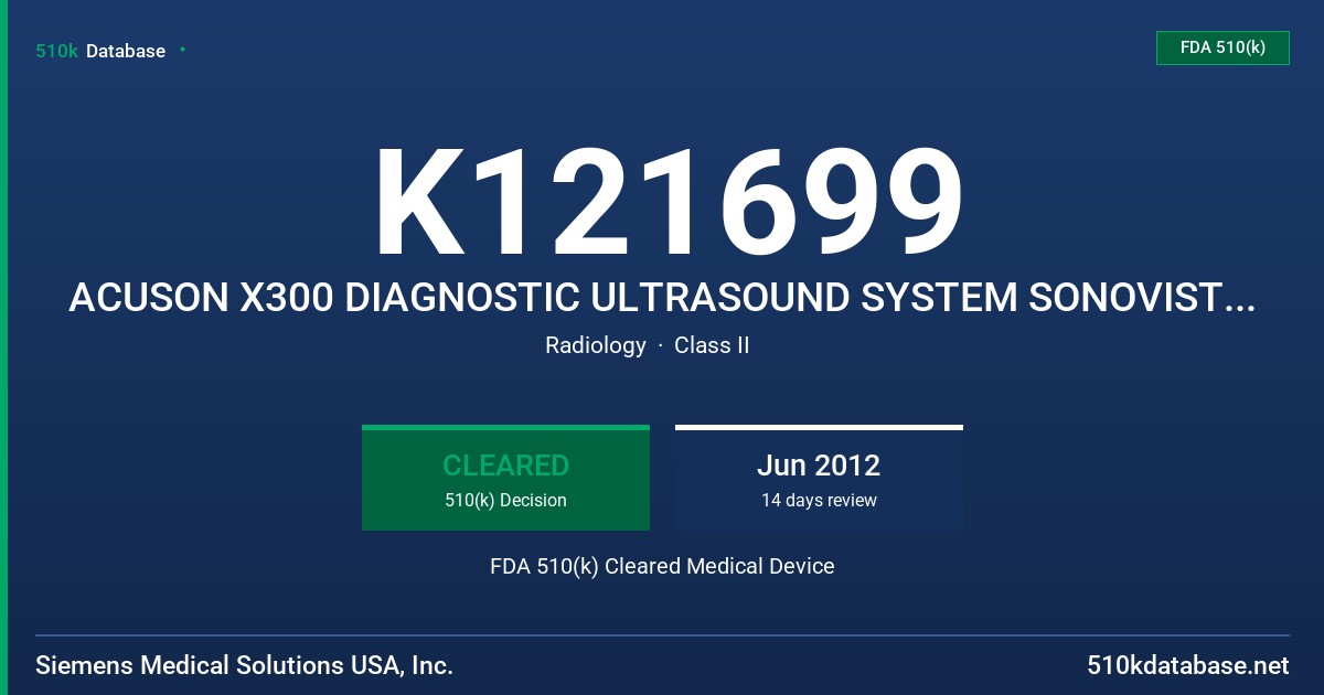K121699 ACUSON X300 DIAGNOSTIC ULTRASOUND SYSTEM SONOVISTA X300 DIAGNOSTIC ULTRASOUND SYSTEM FDA 510(k) Cleared Medical Device