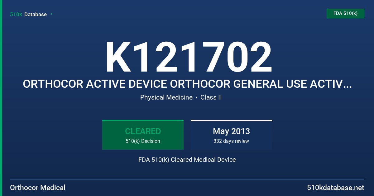 K121702 ORTHOCOR ACTIVE DEVICE ORTHOCOR GENERAL USE ACTIVE DEVICE FDA 510(k) Cleared Medical Device