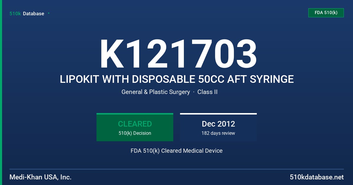 K121703 LIPOKIT WITH DISPOSABLE 50CC AFT SYRINGE FDA 510(k) Cleared Medical Device