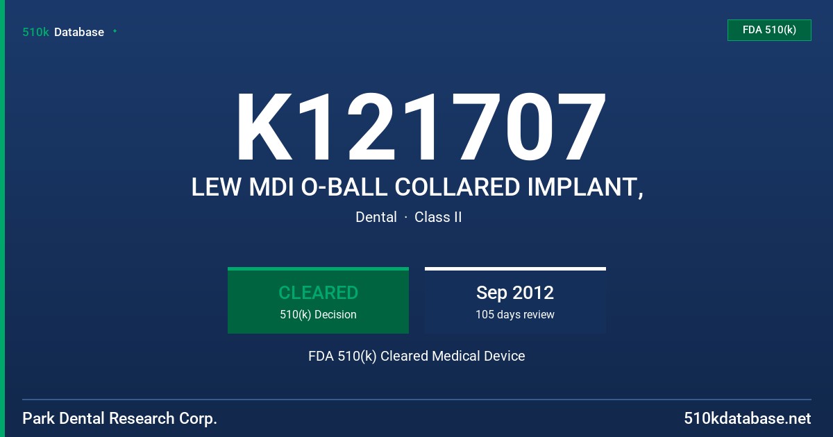 K121707 LEW MDI O-BALL COLLARED IMPLANT, FDA 510(k) Cleared Medical Device