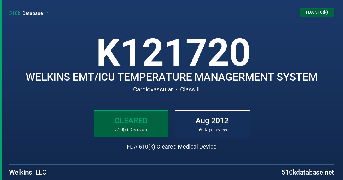 K121720 WELKINS EMT/ICU TEMPERATURE MANAGERMENT SYSTEM FDA 510(k) Cleared Medical Device