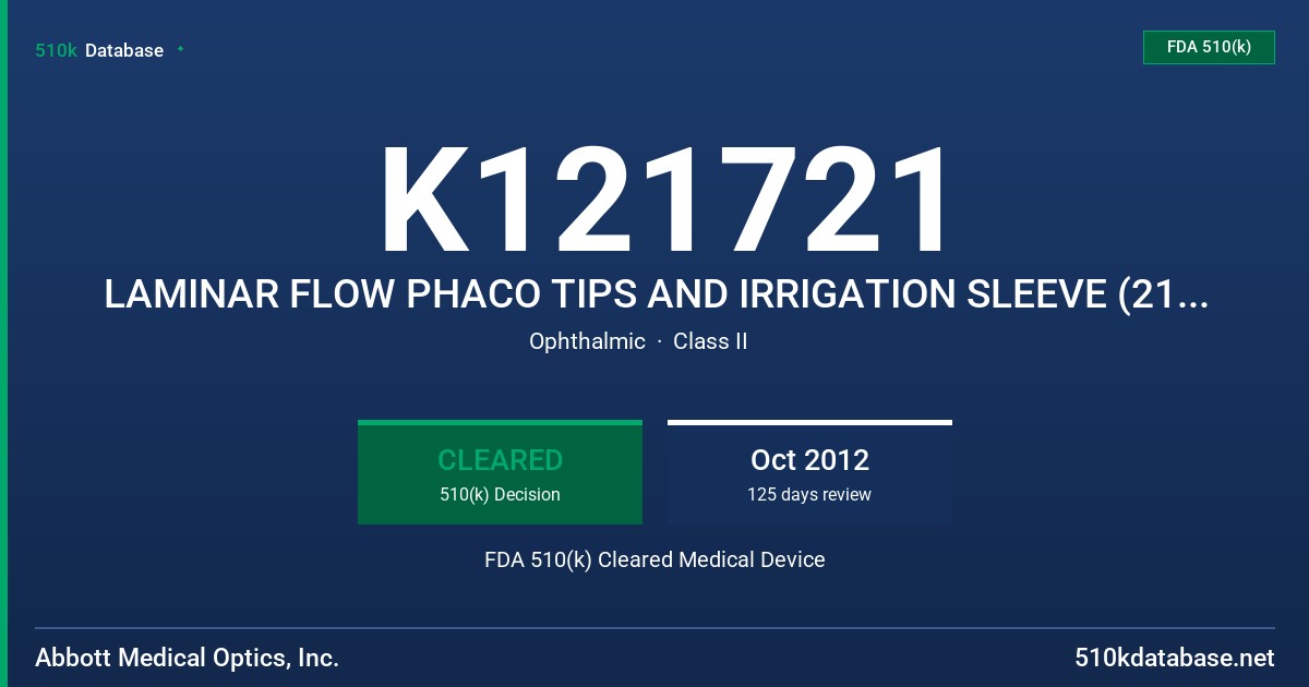 K121721 LAMINAR FLOW PHACO TIPS AND IRRIGATION SLEEVE (21G, REUSABLE) FDA 510(k) Cleared Medical Device
