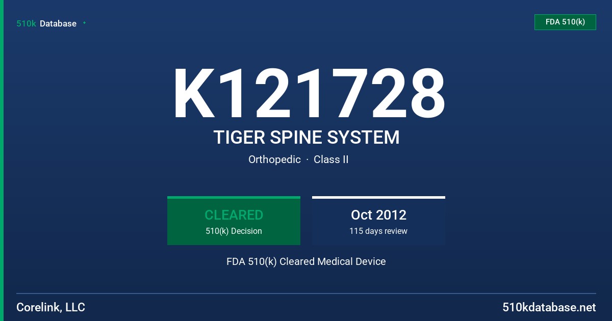 K121728 TIGER SPINE SYSTEM FDA 510(k) Cleared Medical Device