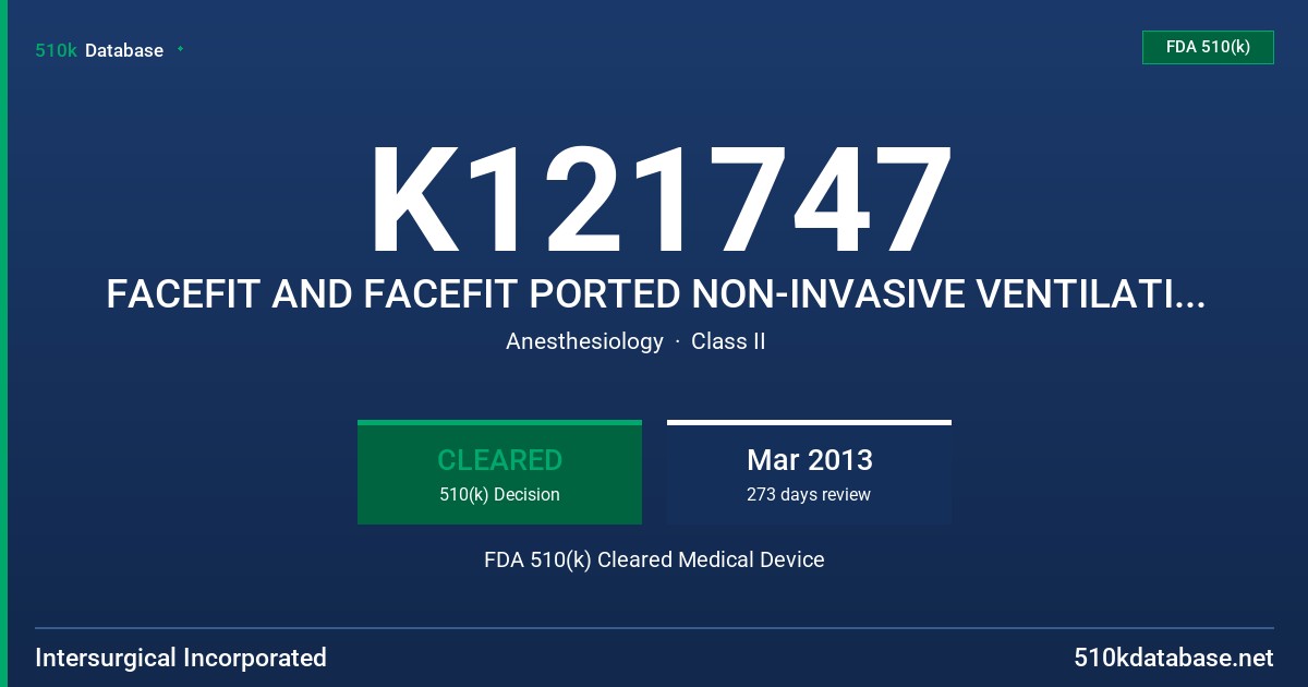 K121747 FACEFIT AND FACEFIT PORTED NON-INVASIVE VENTILATION MASKS FDA 510(k) Cleared Medical Device