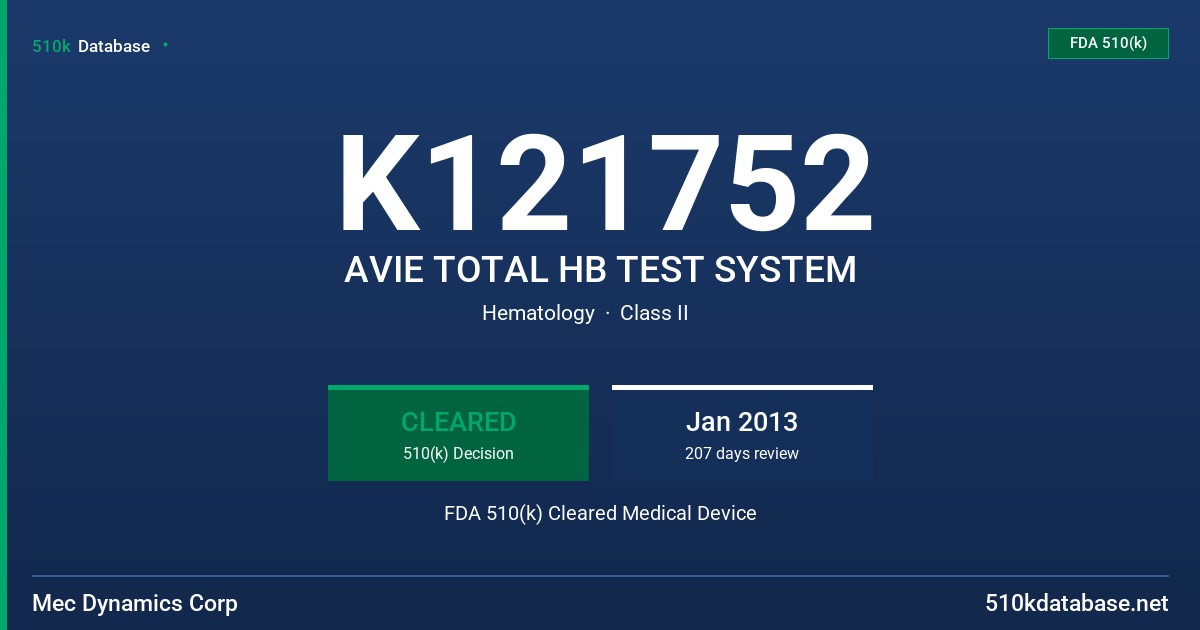 K121752 AVIE TOTAL HB TEST SYSTEM FDA 510(k) Cleared Medical Device