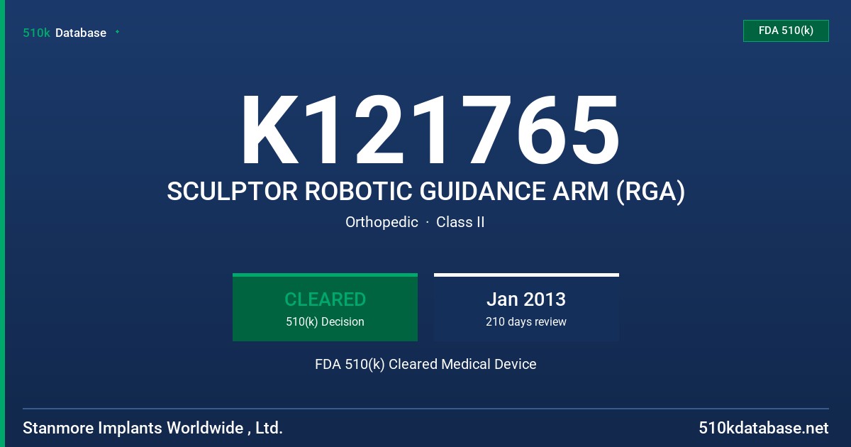 K121765 SCULPTOR ROBOTIC GUIDANCE ARM (RGA) FDA 510(k) Cleared Medical Device