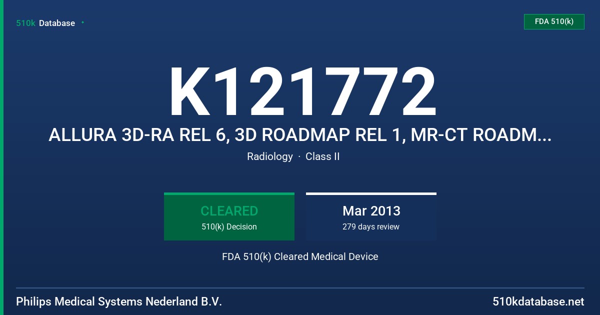 K121772 ALLURA 3D-RA REL 6, 3D ROADMAP REL 1, MR-CT ROADMAP REL 1 FDA 510(k) Cleared Medical Device