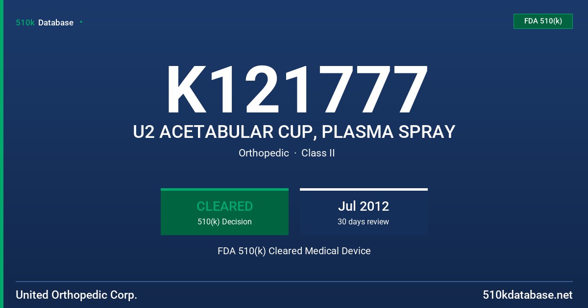 K121777 U2 ACETABULAR CUP, PLASMA SPRAY FDA 510(k) Cleared Medical Device