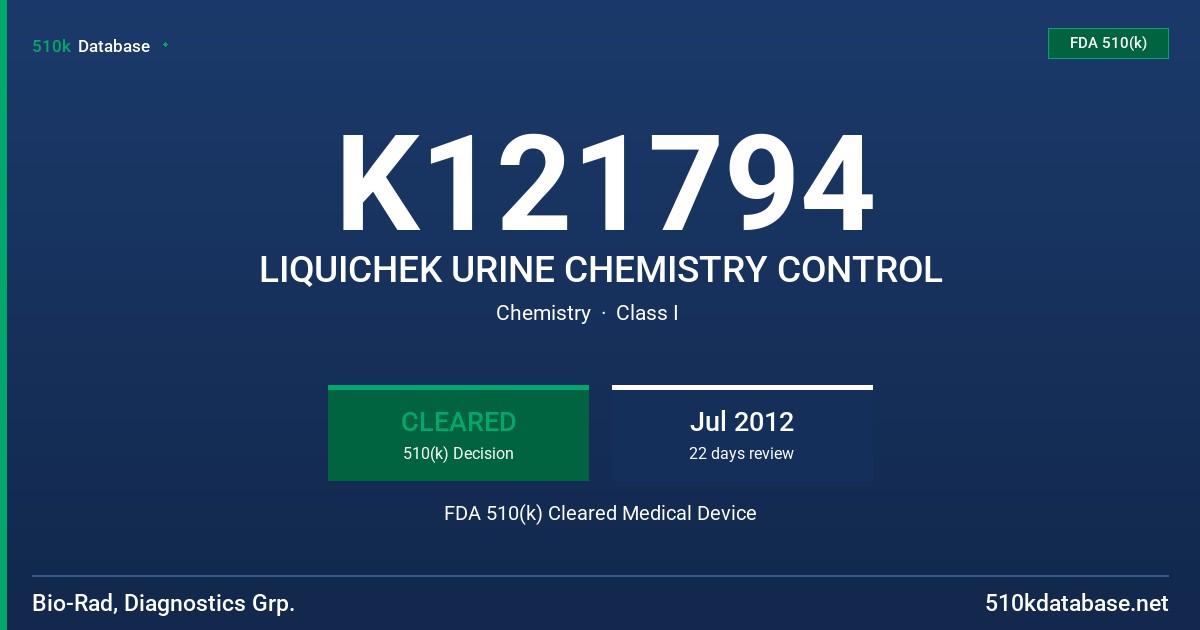 K121794 LIQUICHEK URINE CHEMISTRY CONTROL FDA 510(k) Cleared Medical Device