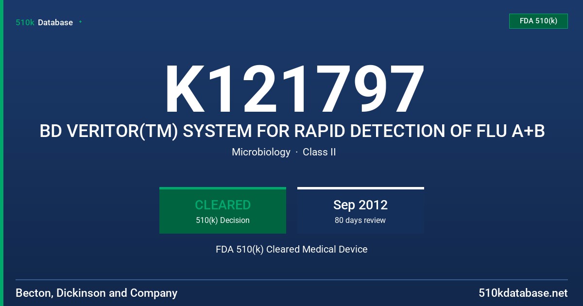 K121797 BD VERITOR(TM) SYSTEM FOR RAPID DETECTION OF FLU A+B FDA 510(k) Cleared Medical Device