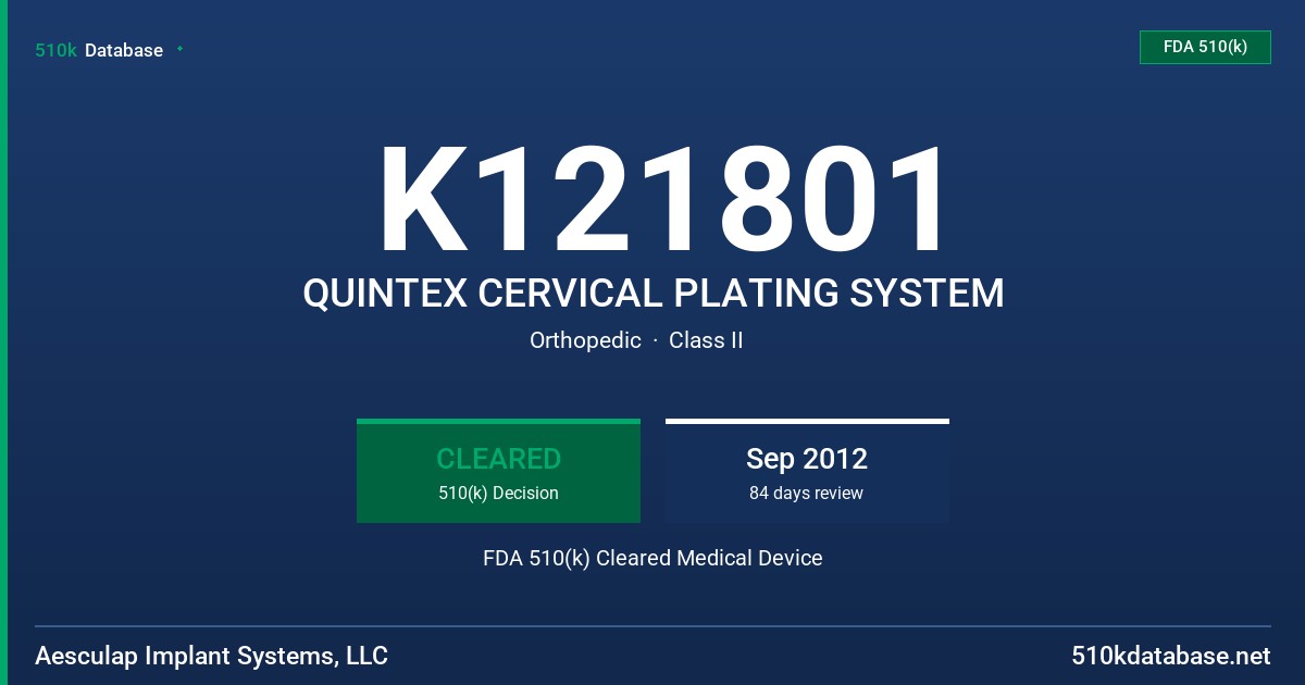 K121801 QUINTEX CERVICAL PLATING SYSTEM FDA 510(k) Cleared Medical Device