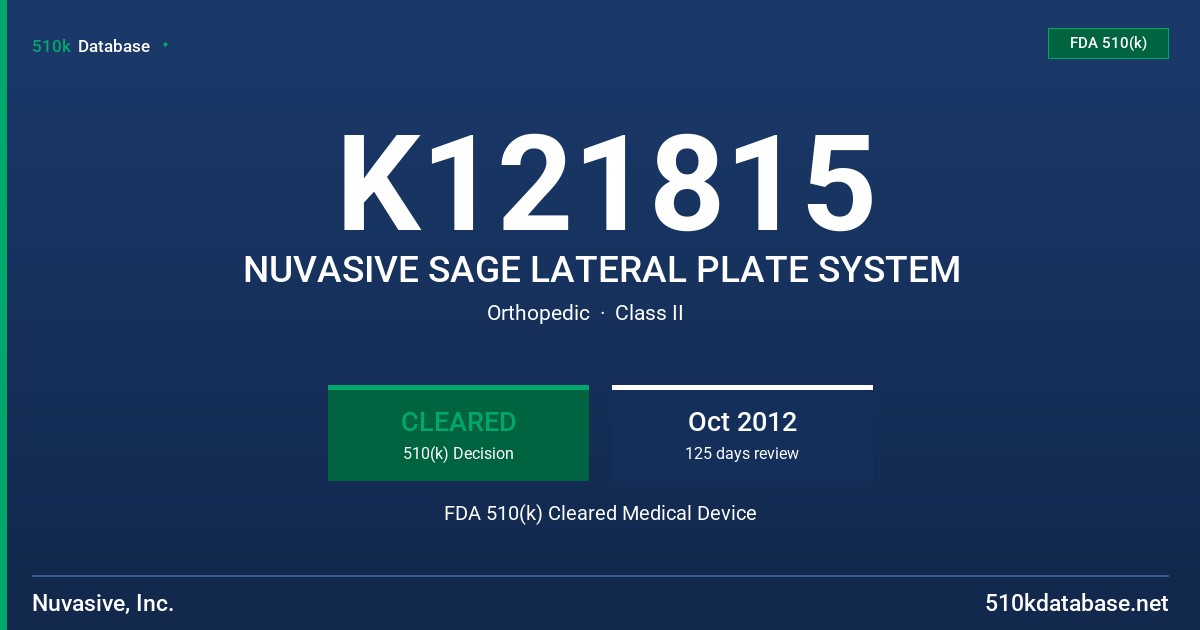 K121815 NUVASIVE SAGE LATERAL PLATE SYSTEM FDA 510(k) Cleared Medical Device