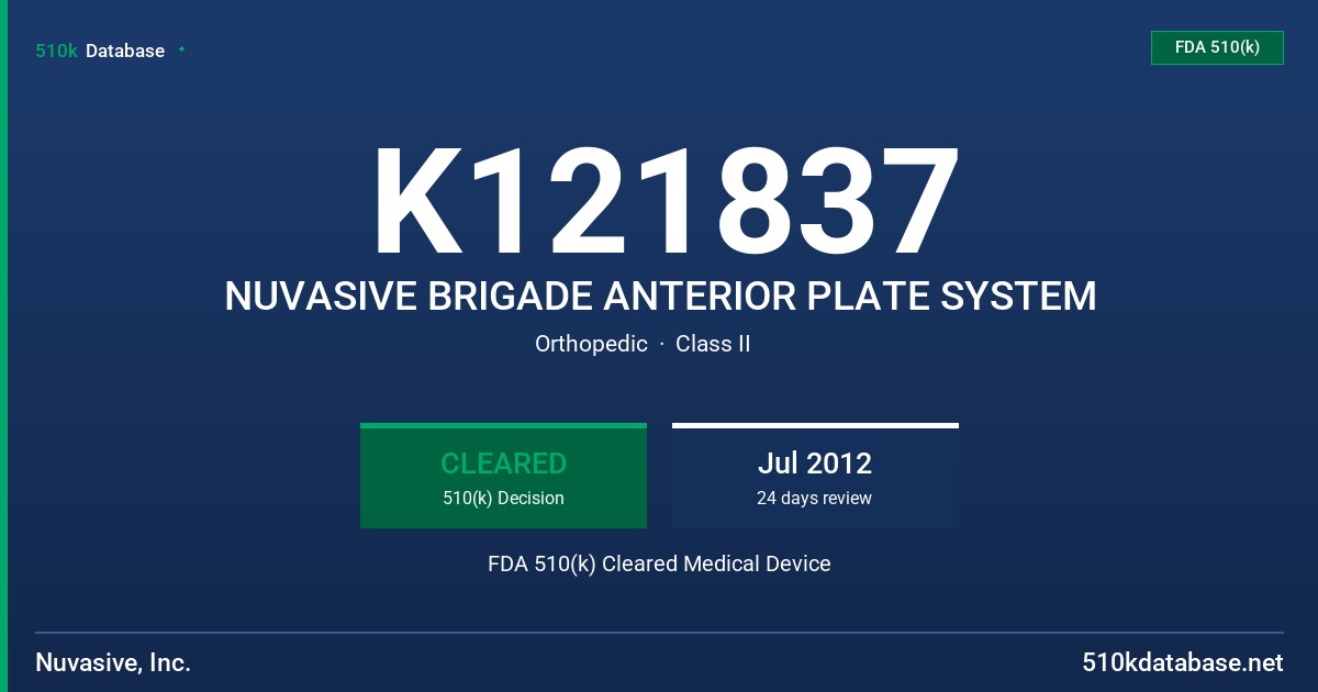 K121837 NUVASIVE BRIGADE ANTERIOR PLATE SYSTEM FDA 510(k) Cleared Medical Device