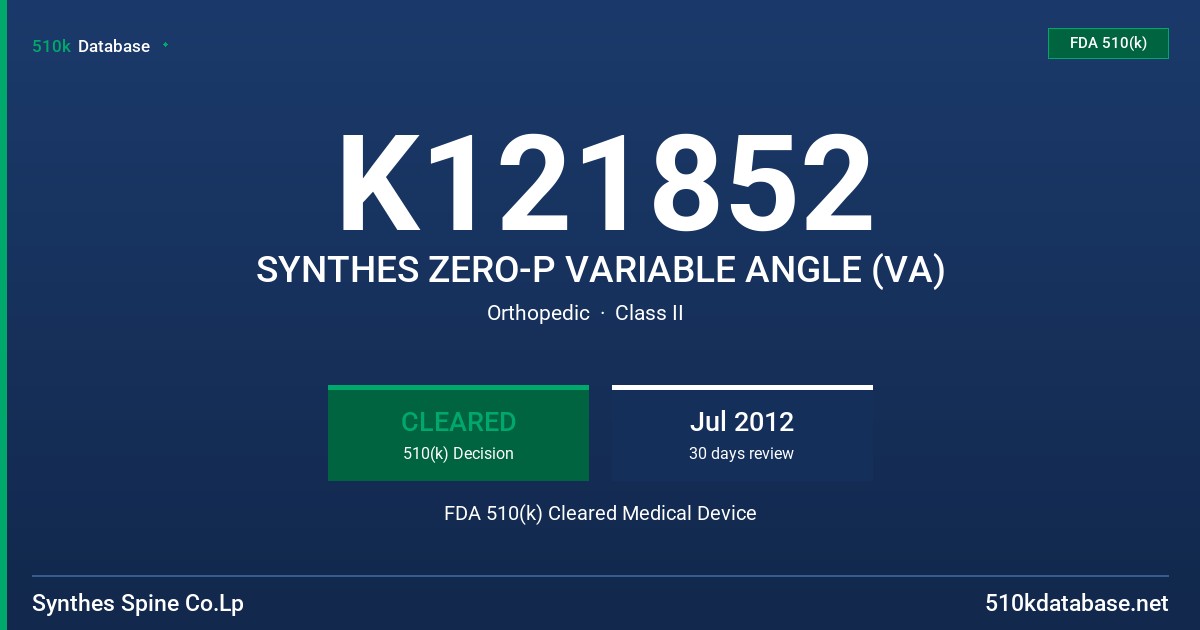 K121852 SYNTHES ZERO-P VARIABLE ANGLE (VA) FDA 510(k) Cleared Medical Device