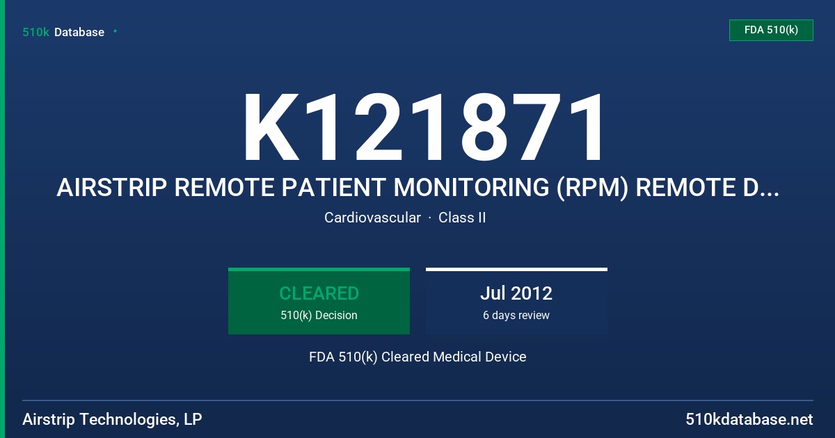 K121871 AIRSTRIP REMOTE PATIENT MONITORING (RPM) REMOTE DATA VIEWING FDA 510(k) Cleared Medical Device