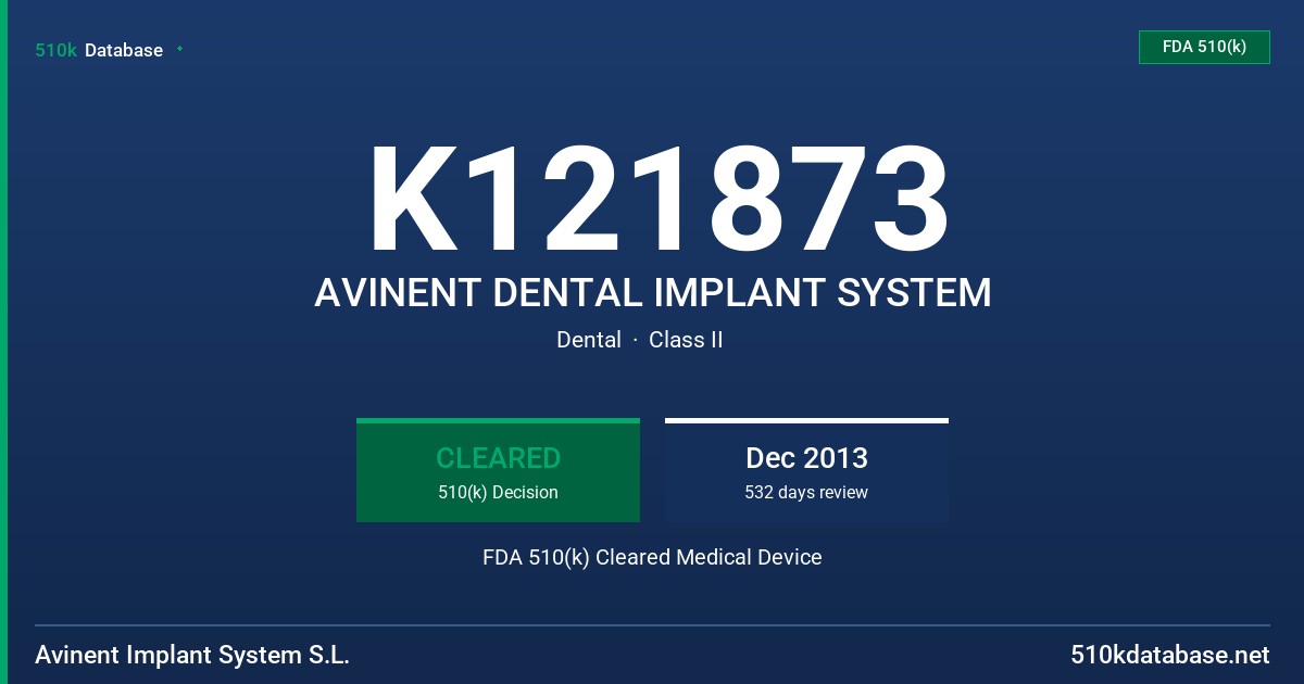 K121873 AVINENT DENTAL IMPLANT SYSTEM FDA 510(k) Cleared Medical Device