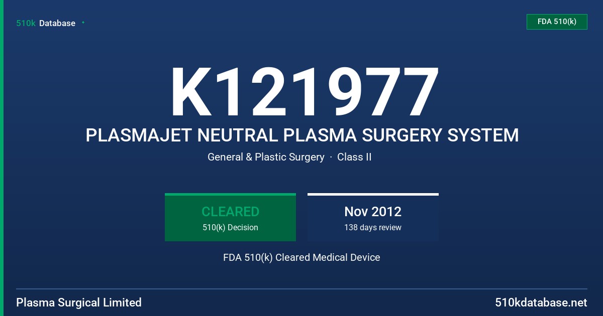 K121977 PLASMAJET NEUTRAL PLASMA SURGERY SYSTEM FDA 510(k) Cleared Medical Device