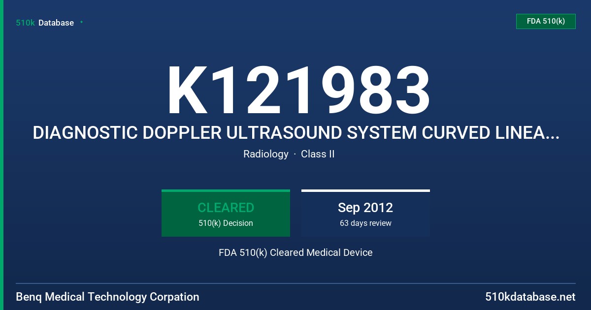 K121983 DIAGNOSTIC DOPPLER ULTRASOUND SYSTEM CURVED LINEAR ARRAY 2-5 MHZ TRANSDUCER LINEAR ARRAY 5-11 MHZ TRANSDUCER PHASE ARRA FDA 510(k) Cleared Medical Device